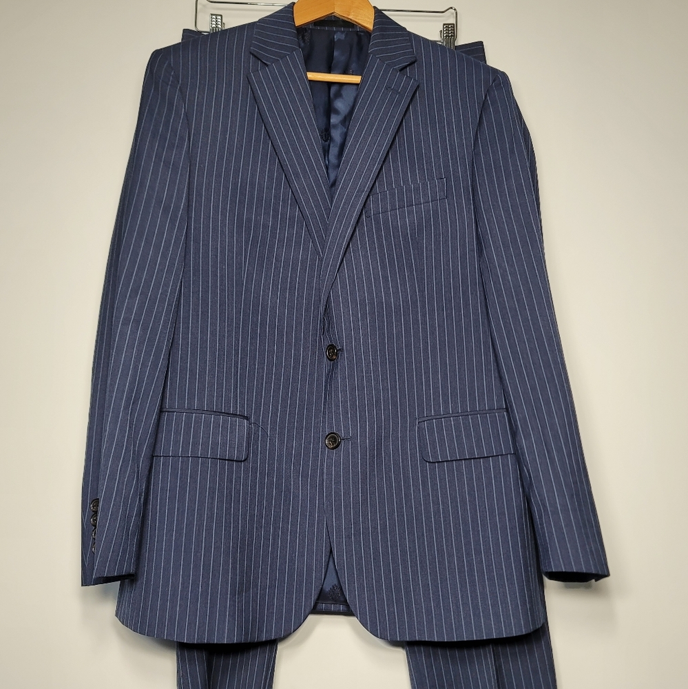 Lauren Ralph Lauren Wool Polyester Stretch Pin Stripe Blue 2 Piece Suit Size 40R